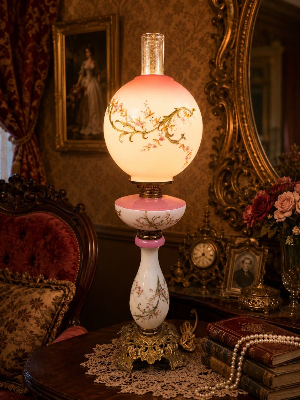 Antique Victorian Banquet Lamp Hand Painted Opal Glass Floral Converted 31"